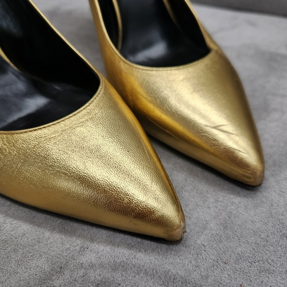 Saint Laurent Pumps 8.5 Golden Leather Stiletto Pointed Toe Luxury Made In Italy - Picture 7 of 16